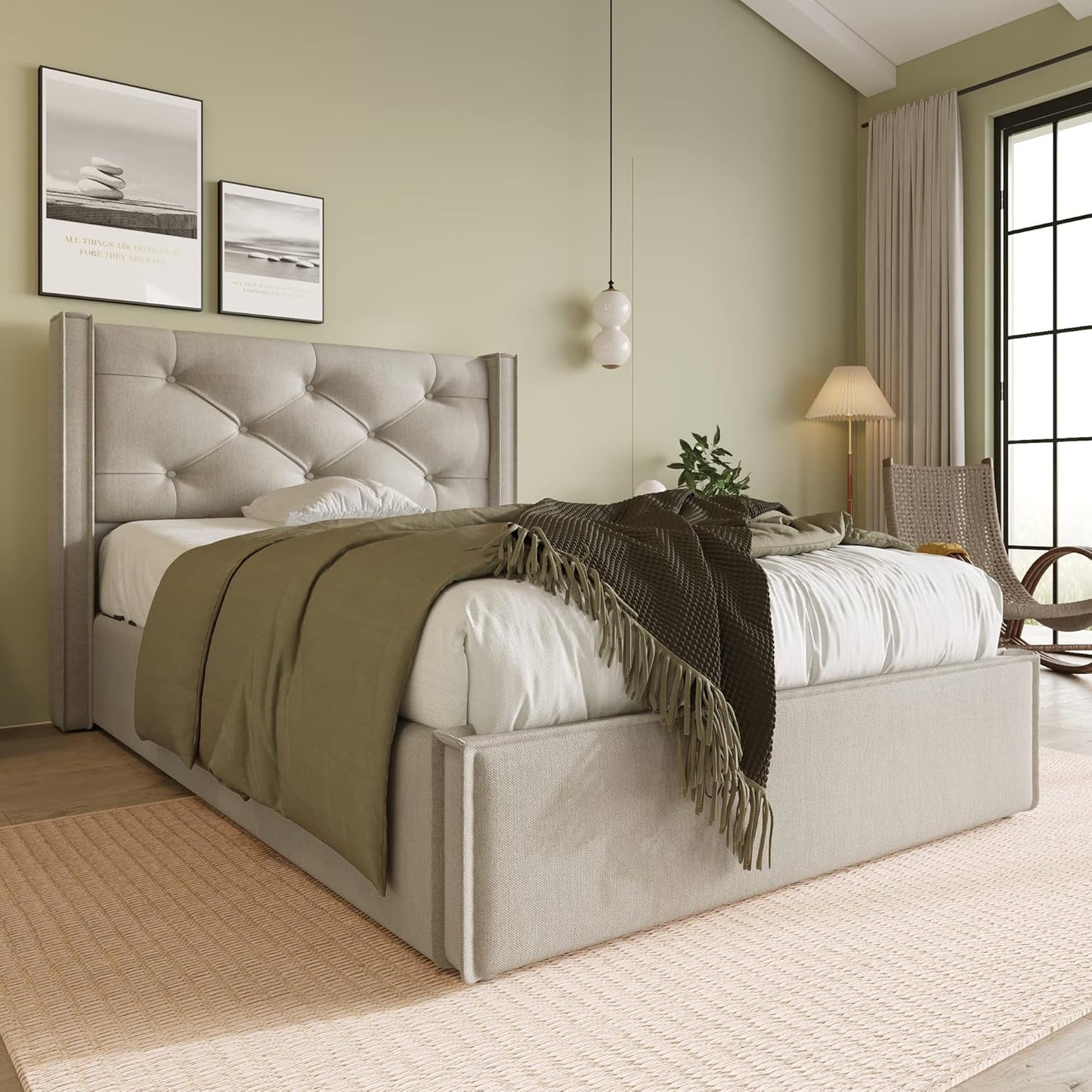 Ctastay Padded Bed, 90 x 200 cm, Adult Hydraulic Bed with Wooden Slatted Base, Frame and Headboard, Underbed Container, Cotton, Light Grey, Without Mattress