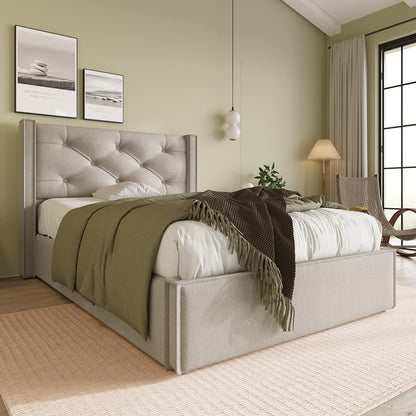 Ctastay Padded Bed, 90 x 200 cm, Adult Hydraulic Bed with Wooden Slatted Base, Frame and Headboard, Underbed Container, Cotton, Light Grey, Without Mattress