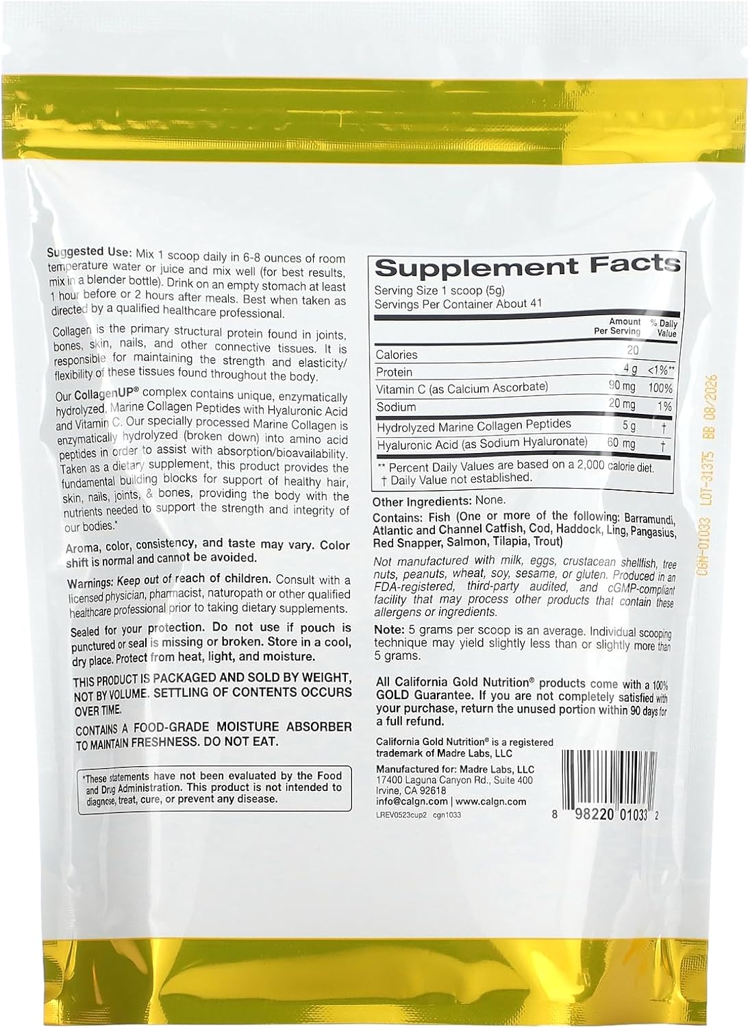 California Gold Nutrition CollagenUP®, Hydrolyzed Marine Collagen Peptides with Hyaluronic Acid and Vitamin C, Unflavored, 7.26 oz (206 g)