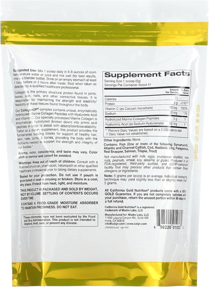 California Gold Nutrition CollagenUP®, Hydrolyzed Marine Collagen Peptides with Hyaluronic Acid and Vitamin C, Unflavored, 7.26 oz (206 g)