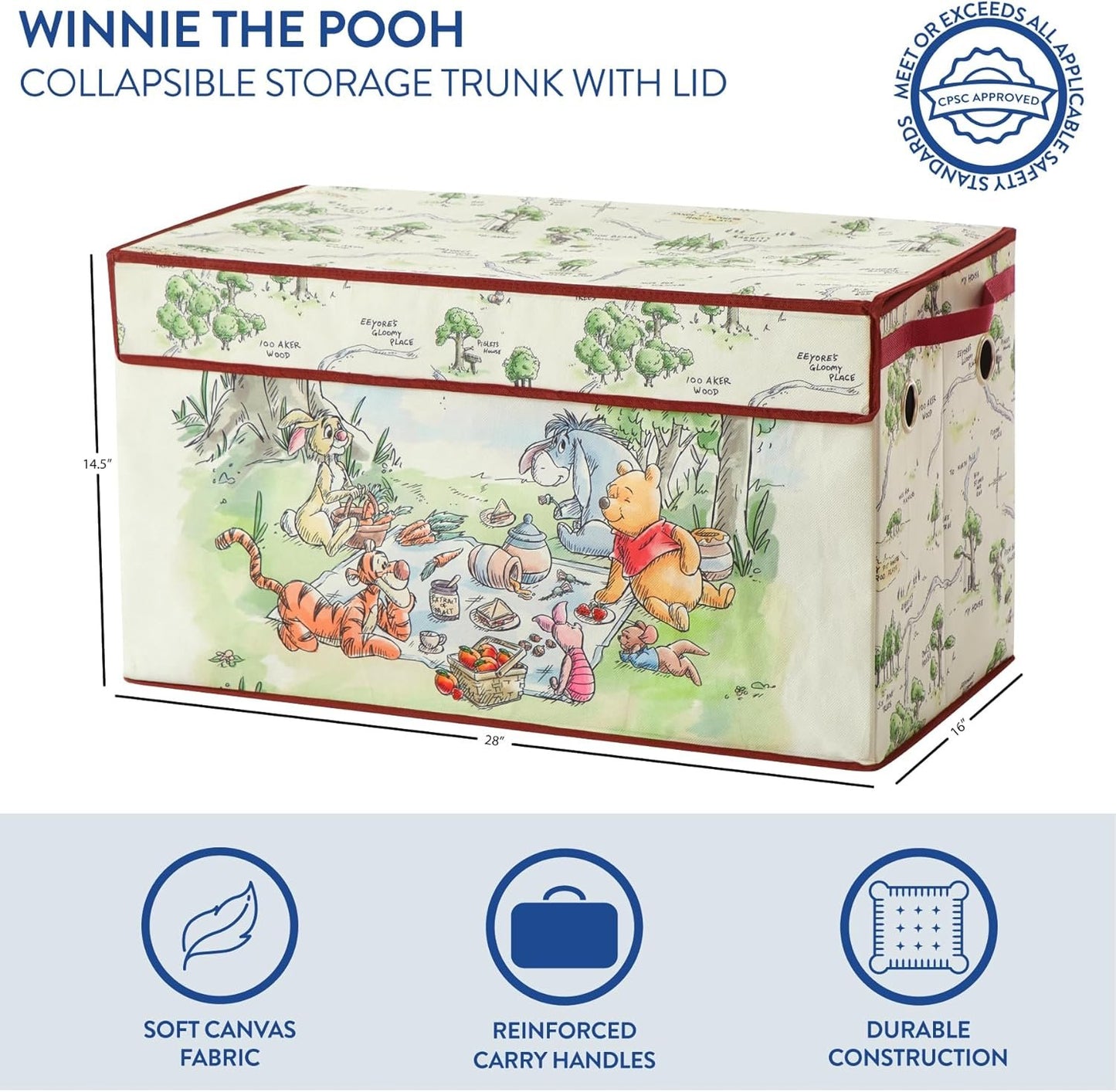 Idea Nuova Disney Winnie the Pooh Collapsible Storage Trunk, Durable with Soft Lid, 28.5"x14.5"x16"