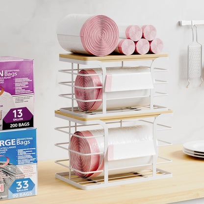 2 Pack Stackable Storage Kitchen Laundry Organizers,Trash Bag Holder Wall Mount Garbage Bag Dispenser with Bamboo Top,White Large and Small