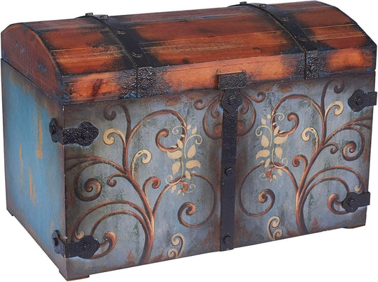 Household Essentials Vintage Wood Storage Trunk, Large, Blue Body/Brown Lid/Floral Design