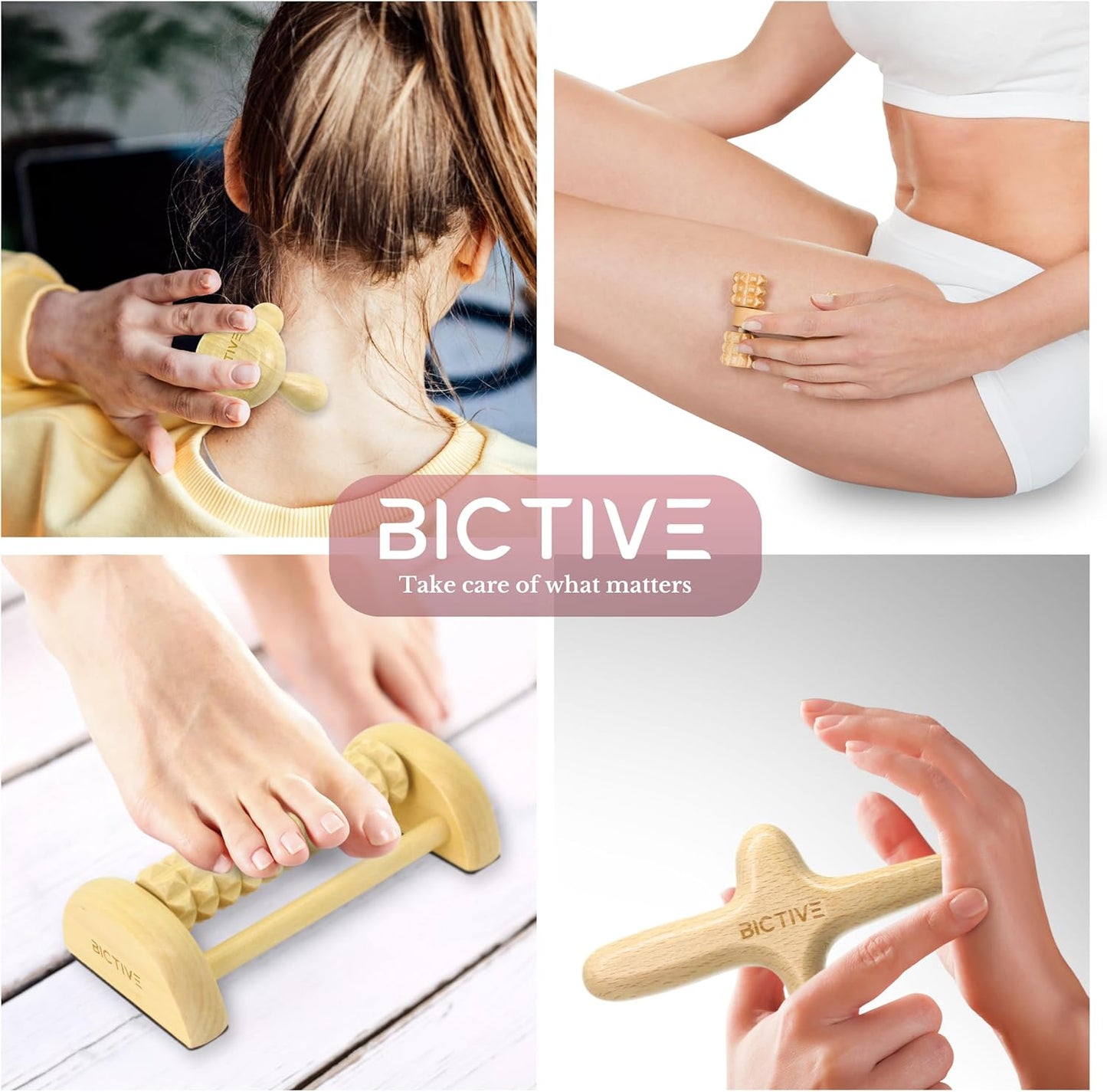 BICTIVE Wooden Massager Kit and Trigger Point. Foot Massage, Foot Reflexology, Cellulite Massage Roller, Body, Legs, Manual Massage Stick Massage Stick Foot Massage Roller