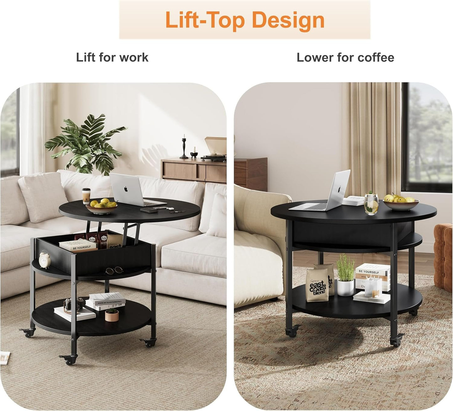 Ablefurn Mid Century Black Coffee Table, 26.77” Lift Top Coffee Table with Removeable Wheels, Hidden Compartment and Open Shelf, Wood Lift Tabletop Central Dining Table for Living Room, Home Office