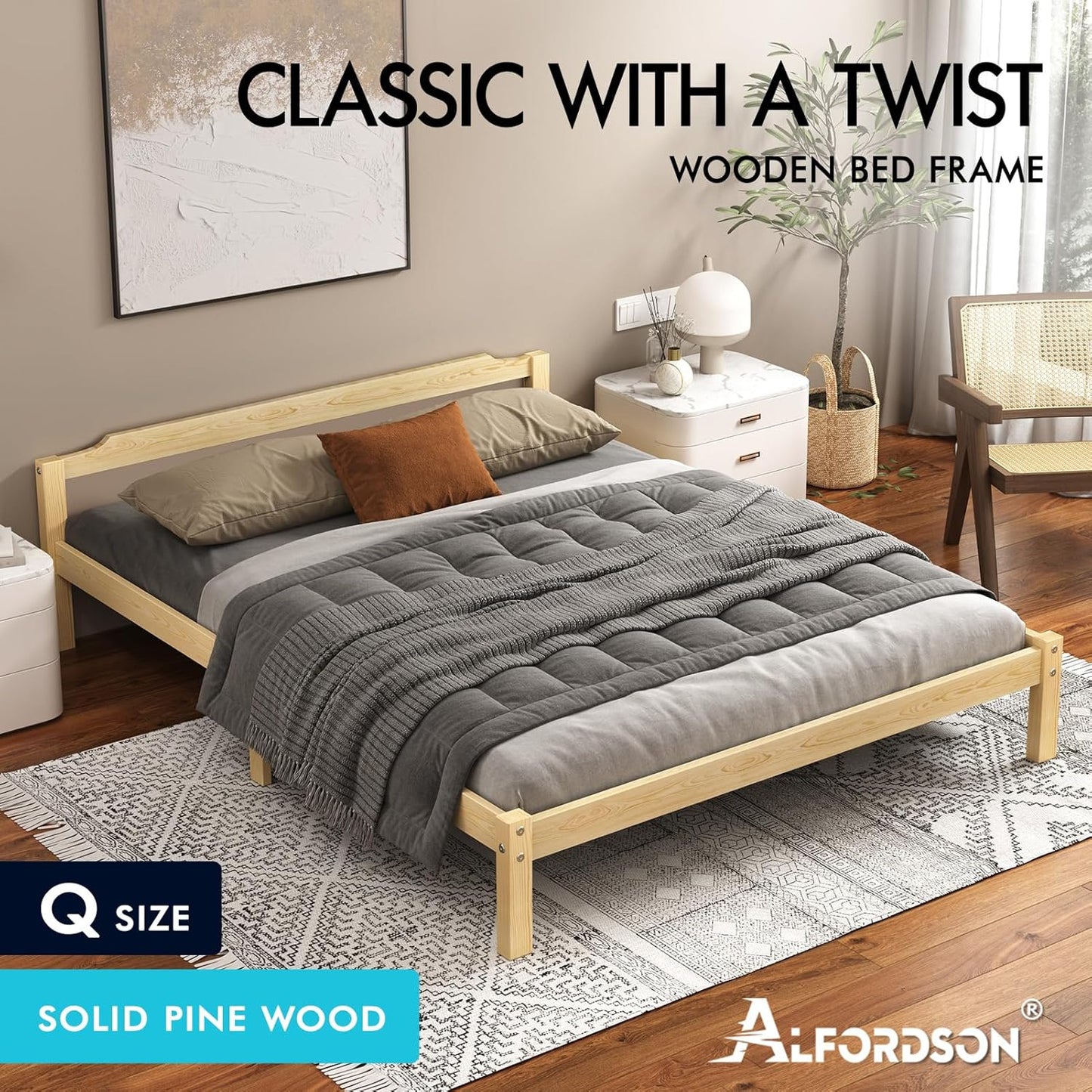 ALFORDSON Queen Bed Frame Wooden Bed Base with Solid Wood Pine Timber Slats, Oak Bed Foundation Mattress Base Platform with Storage Space, Beatrix Series Bedroom Furniture