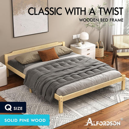 ALFORDSON Queen Bed Frame Wooden Bed Base with Solid Wood Pine Timber Slats, Oak Bed Foundation Mattress Base Platform with Storage Space, Beatrix Series Bedroom Furniture