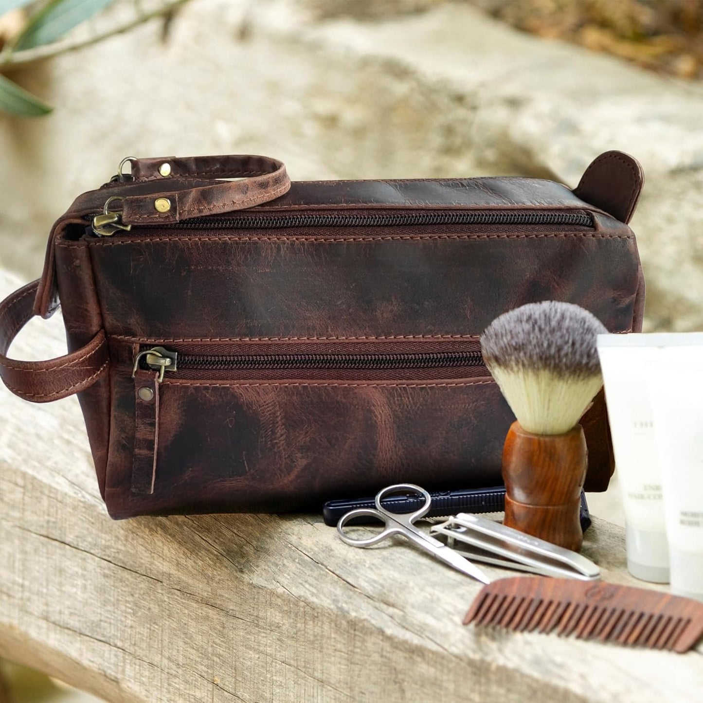 Genuine Leather Travel Toiletry Bag - Hygiene Organizer Dopp Kit by Rustic Town
