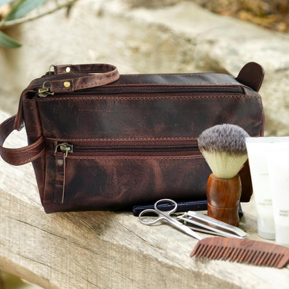 Genuine Leather Travel Toiletry Bag - Hygiene Organizer Dopp Kit by Rustic Town
