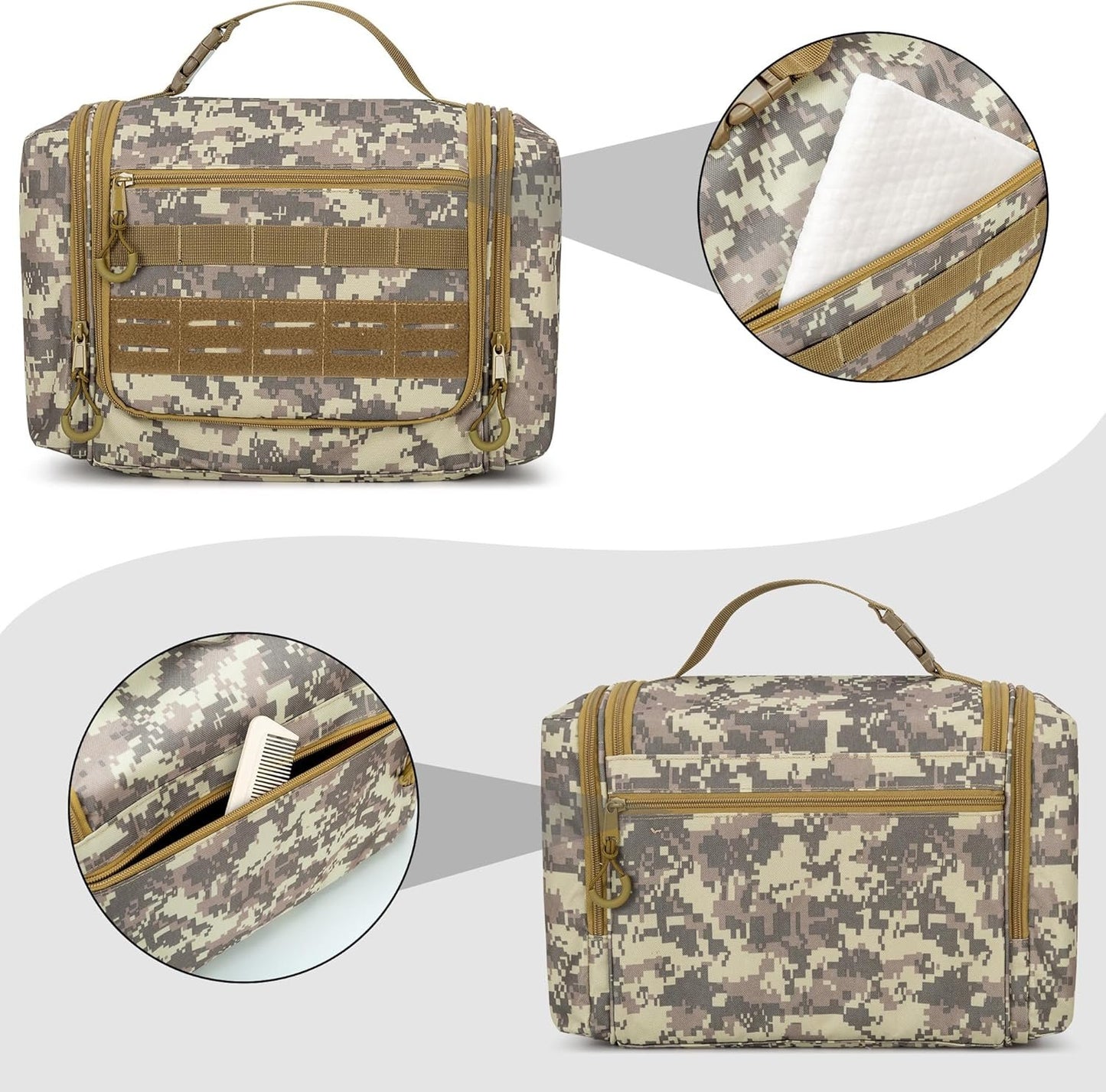 Prokva Tactical Toiletry Travel Bag for Men, Hanging Dopp Kit Hygiene Bag Shower Organizer with Hook for Toiletries and Shaving Care (Empty Bag), Desert Yellow