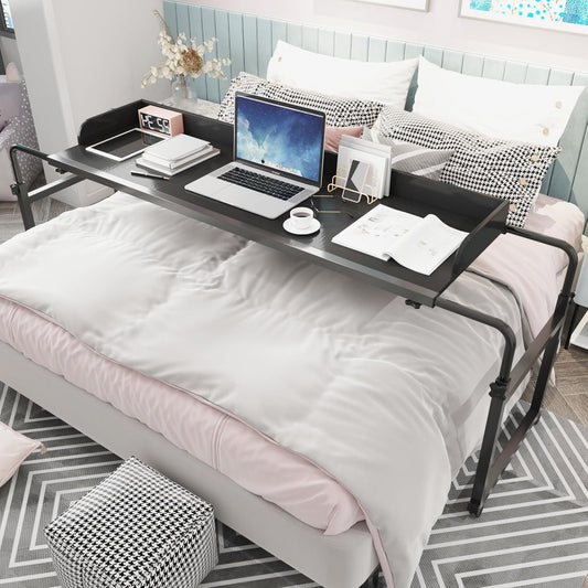 ASDJAKZP Overbed Table with Fence Design, Adjustable Width/Height Rolling Over Bed Table, Hospital Bed Table w/Wheels, Queen Size Mobile Computer Desk Standing Workstation Laptop Cart for Home (Black)