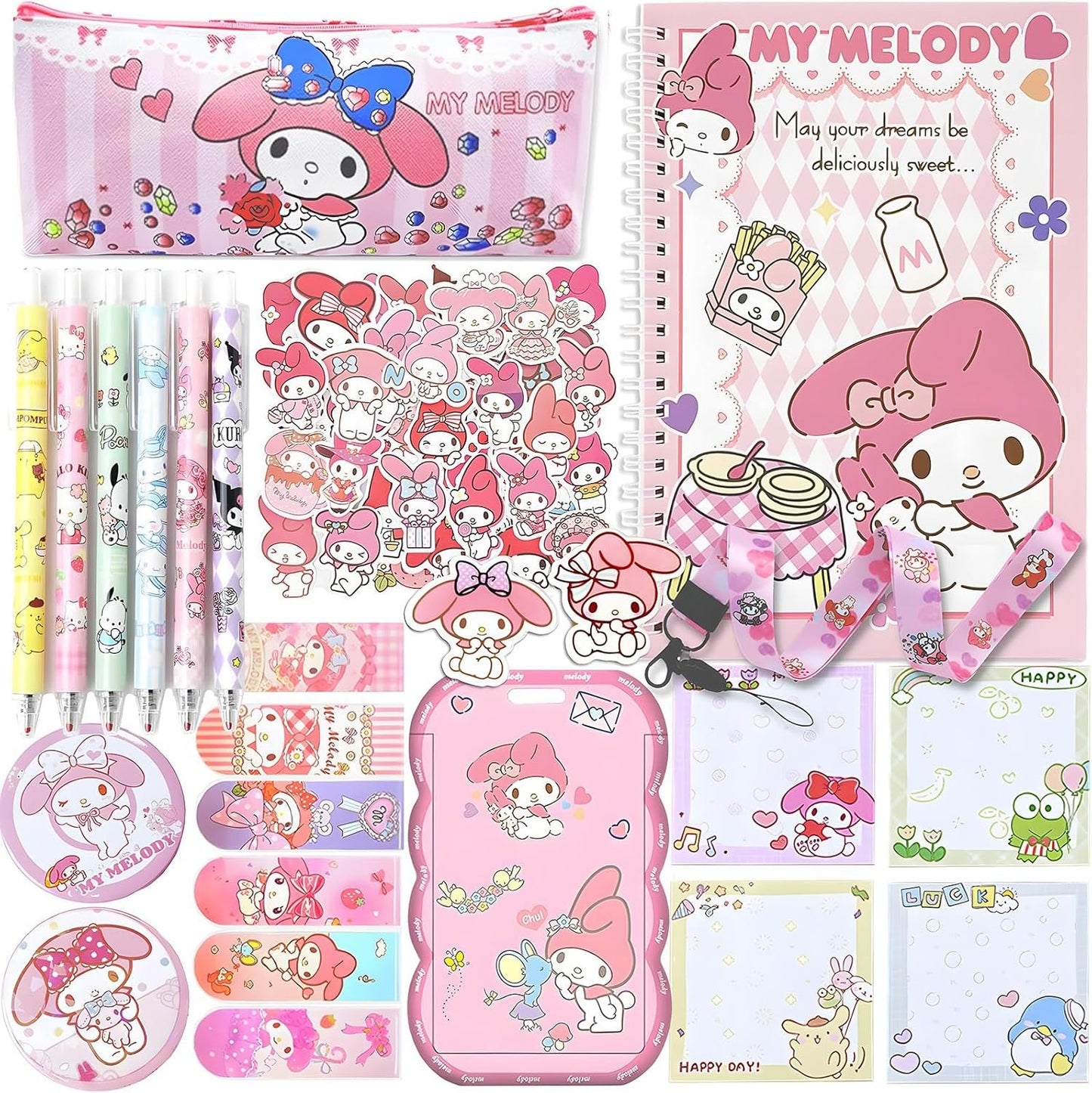 Melody School Supplies Set, Kawaii Cute Stationery Gift Set Including Gel Pens, Notebook,Pen Case,Stickers,Pins Badge,Lanyard,Sticky Note,Bookmark, Perfect Easter Birthday School Season Gifts for Kids