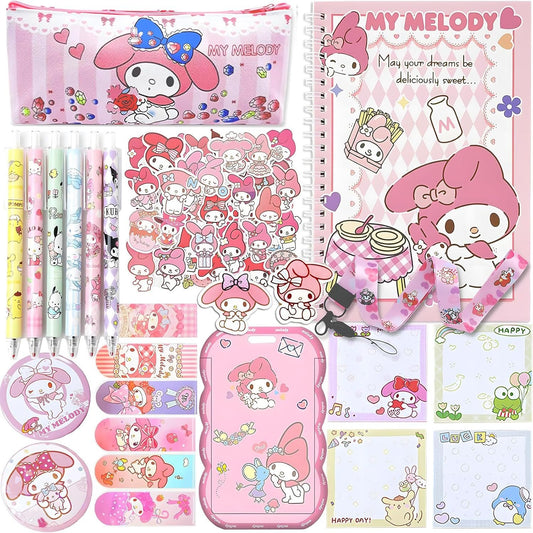 Melody School Supplies Set, Kawaii Cute Stationery Gift Set Including Gel Pens, Notebook,Pen Case,Stickers,Pins Badge,Lanyard,Sticky Note,Bookmark, Perfect Easter Birthday School Season Gifts for Kids