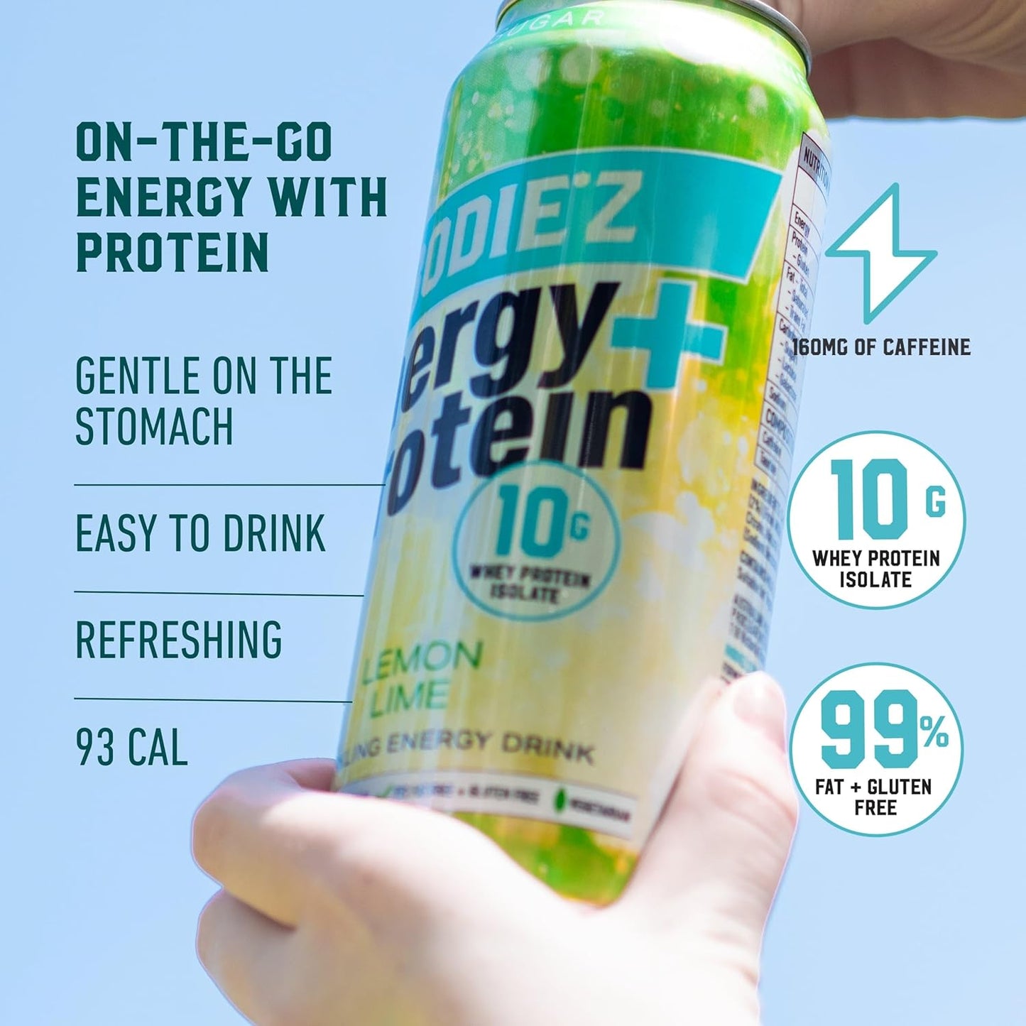 BODIE’Z Whey Protein Energy Drink - 10g Protein Powder Water with 200mg Taurine and 160mg Caffeine For Focus and Performance, Low Sugar Clear Protein Water, 500ml Lemon Lime 6 Pack
