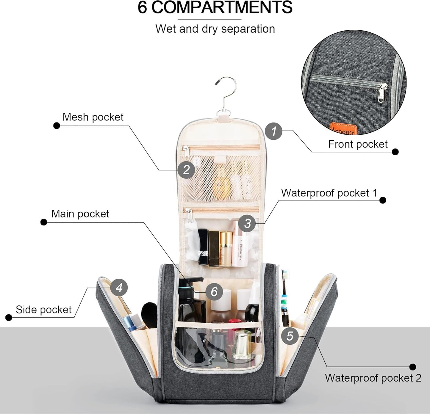Extra Large Hanging Travel Toiletry Bag for Women and Men, Hygiene Bag, Bathroom and Shower Organizer Kit with Elastic Band Holders for Toiletries, Cosmetics, Makeup, Brushes, Grey