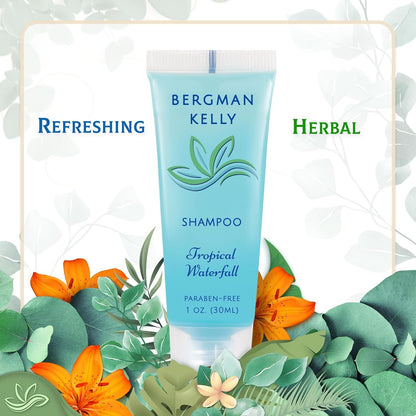 Bergman Kelly Hotel Toiletries Bundle - Tropical Waterfall, 1 oz each, 100 Pcs - 4-Piece Set: 25 Rectangular Bar Soap, 25 Shampoo, 25 Conditioner & 25 Body Lotion - Bulk Mini Guest Amenities