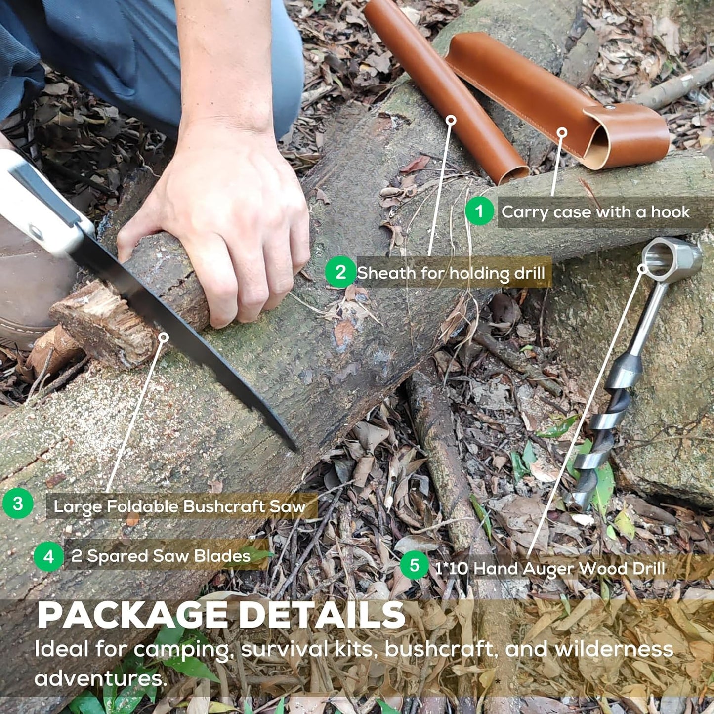 MinliGUY Hand Auger Wood Drill, Upgrade Welds Bushcraft Auger w/ Sharp Scottish Eye, Survival Tools for Bushcraft Projects/ Camping/Outdoors, 1*10inch Settlers Wrench & Folding Saw Kit, Bushcraft Gear