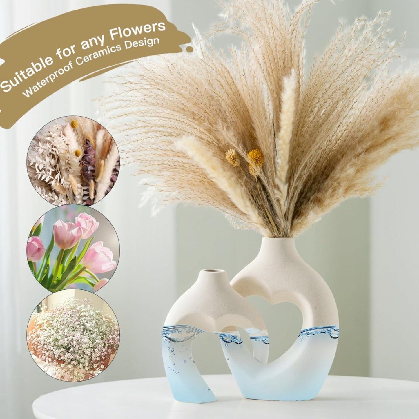 Ceramic Vase for Home Decor, Snuggle Hollow Ceramic Vase Set of 2, Nordic Modern Boho ins Style Heart Shaped Pampas Grass Flower Vases for Living Room Table Decorations (Beige W 6.3" X H 8.1")