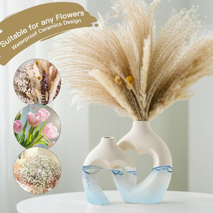 Ceramic Vase for Home Decor, Snuggle Hollow Ceramic Vase Set of 2, Nordic Modern Boho ins Style Heart Shaped Pampas Grass Flower Vases for Living Room Table Decorations (Beige W 6.3" X H 8.1")