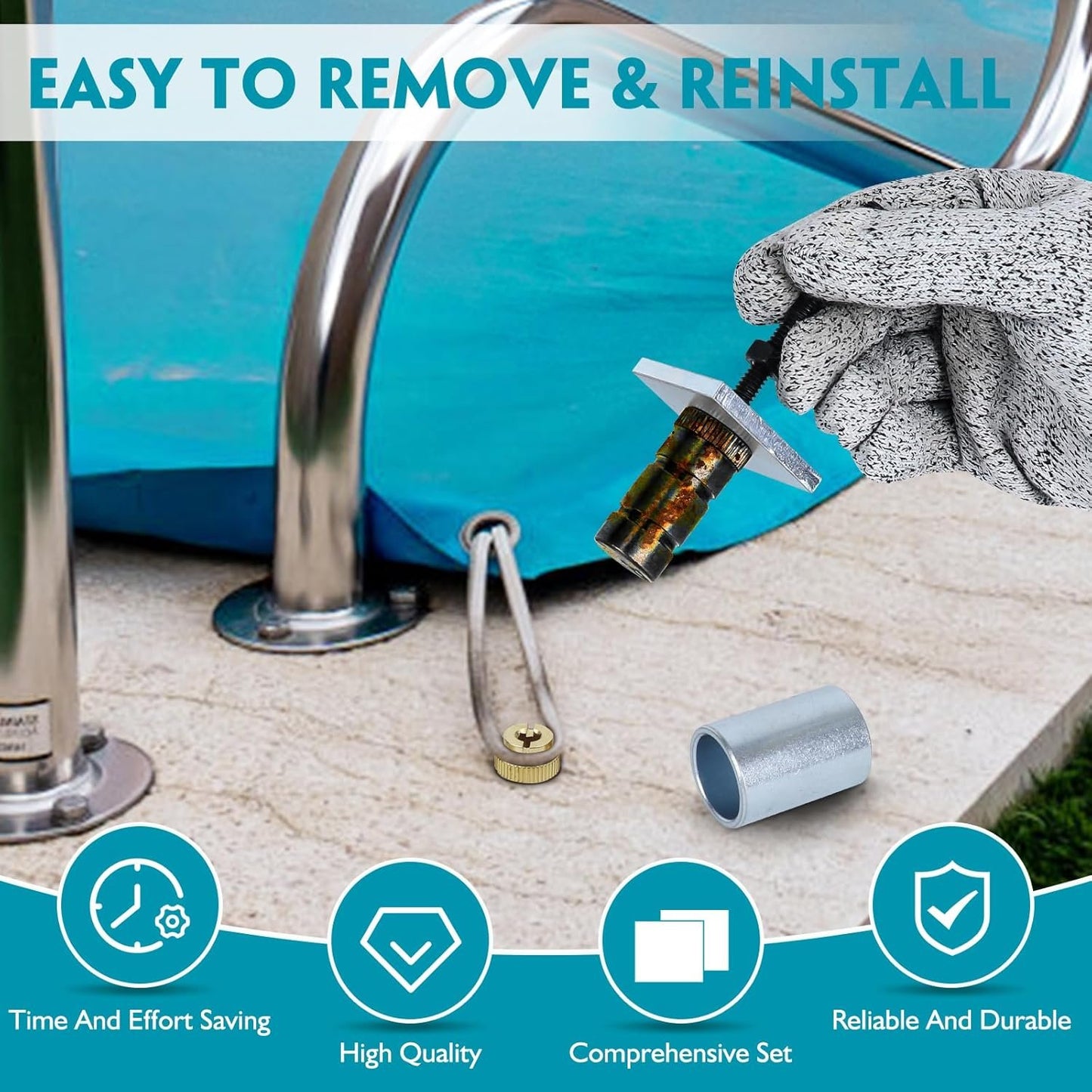 Zylorix One-Stop Pool Anchor Removal Tool Kit with 5 PCS Brass Pool Cover Anchors for Lock Inground Pool Cover, Anchor Replacement Tool Kit, Removal and Reinstall Anchors Tool Kit with Storage Box
