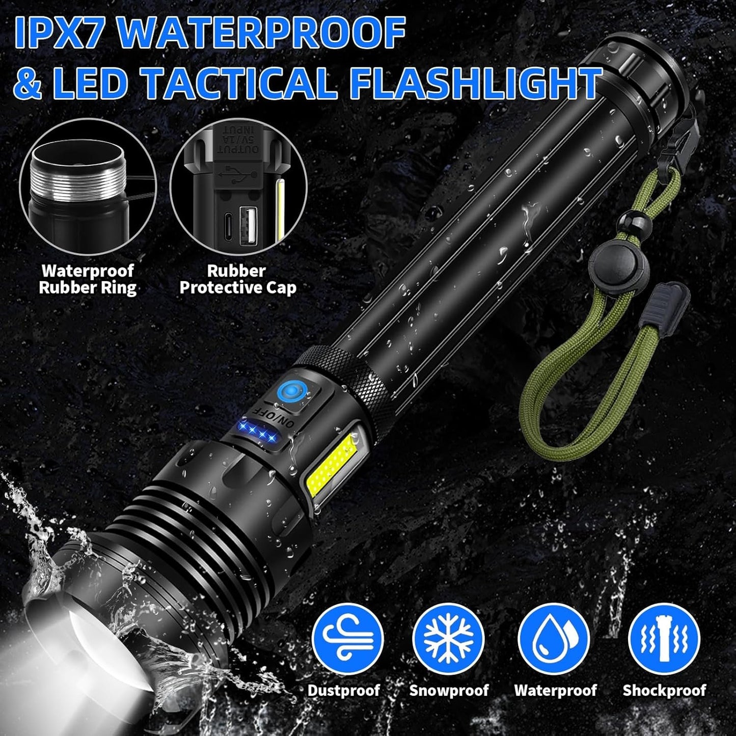 Flashlight Rechargeable, 990000 Lumens Led Flashlights, 7 Modes COB & LED Flashlight,Tactical Powerful Flash Light with Zoomable, IPX7 Waterproof, Super Bright Torch Light for Camping Emergency