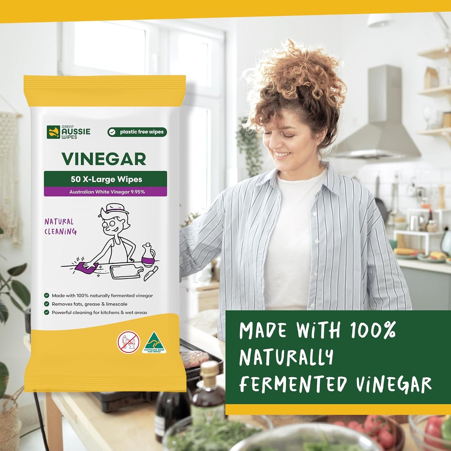 Great Aussie Wipes Vinegar Wipes for Cleaning - Kitchen Wipes for Cleaning Counters