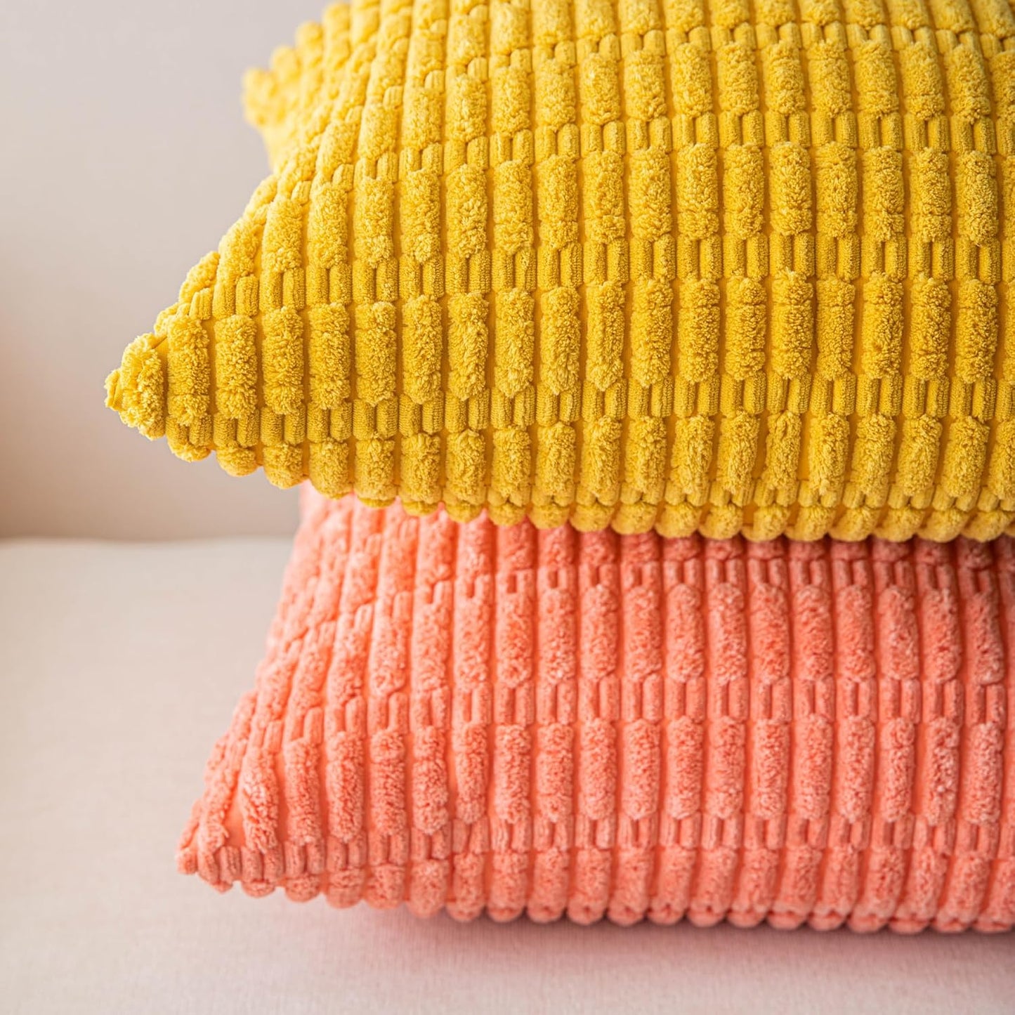SHITURRE Decorative Throw Pillow Covers for Couch Bed Sofa Livingroom, Coral Red Square Cushion Covers Corduroy Striped Pillowcases for Boho Home Decor(18"x18", 2 Packs)