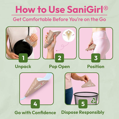 SaniGirl Travel Urinal for Women | Female Urination Device Disposable | Feminine Hygiene Products to Pee Standing Up | Travel Toiletries Camping and Festival Essentials (50 Count Individually Wrapped)