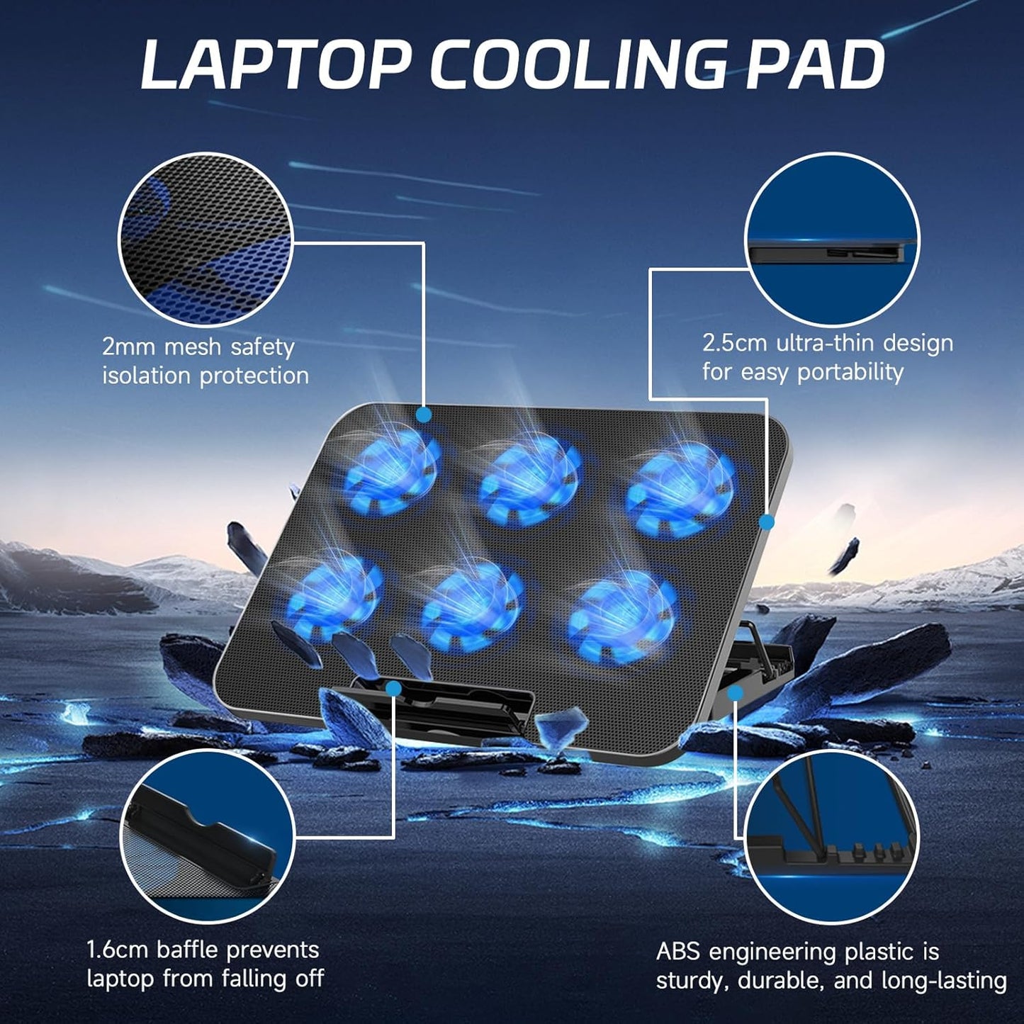 Naxifly Laptop Cooling Pad,Laptop Cooler with 6 Quiet Fans,6 Height ＆ 2000-2400 Wind Speed Adjustable,2 USB Port Gaming Cooling Stand for 12-18 Inch Notebook,Gaming Fan Stable Stand(Black)