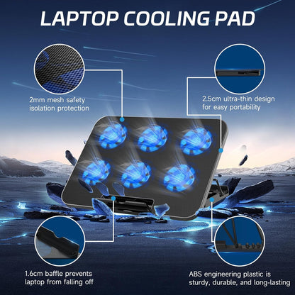 Naxifly Laptop Cooling Pad,Laptop Cooler with 6 Quiet Fans,6 Height ＆ 2000-2400 Wind Speed Adjustable,2 USB Port Gaming Cooling Stand for 12-18 Inch Notebook,Gaming Fan Stable Stand(Black)