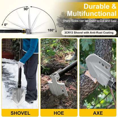 GOJAWAY Outdoor Camping Gear Tactical Shovel Axe Survival Multi tool, 55” Over-Length Trekking Pole Off Road Kit Military Grade for Garden Entrenching Car Emergency Heavy Duty Cold Steel Folding Spade