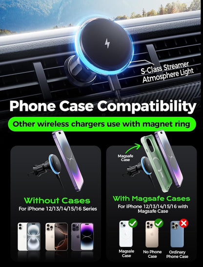 NEUTYPECHIC 15W Wireless Charging Car Phone Holder, Super Strong Suction for Magsafe Car, Wireless Car Charger with Night Light, Magnetic Car Phone Holder for iPhone 16/15/14/13/12