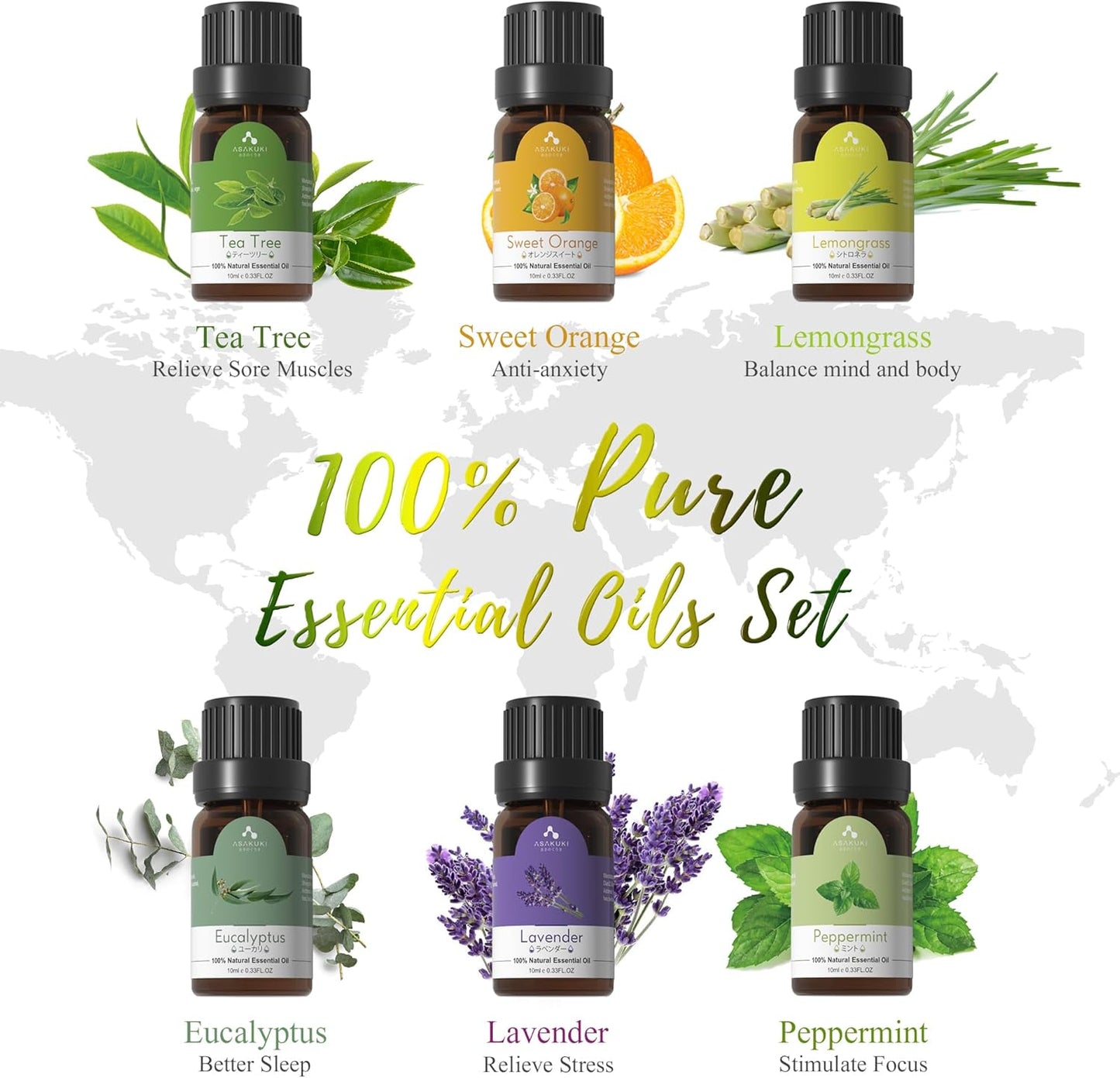 ASAKUKI Oil Diffuser with  Essential Oils Set, 500ml Aromatherapy Humidifier with 14 LED Colors & Auto Shut-Off - 6 Oil Gift Pack(Lavender Eucalyptus Tea Tree Orange Peppermint Lemongrass)