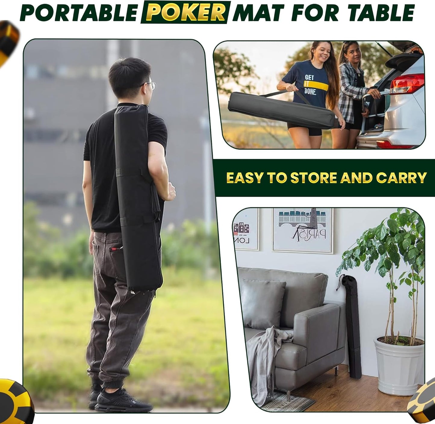 Poker Mat 70 x 35 Inch/180x90cm - 8-10 Players Texas Hold'em Poker Rubber Mat Poker Topper for Tables, Folding Portable Poker Table Top with Carrying Bag for Poker Games, Blackjack, Casino (Green)