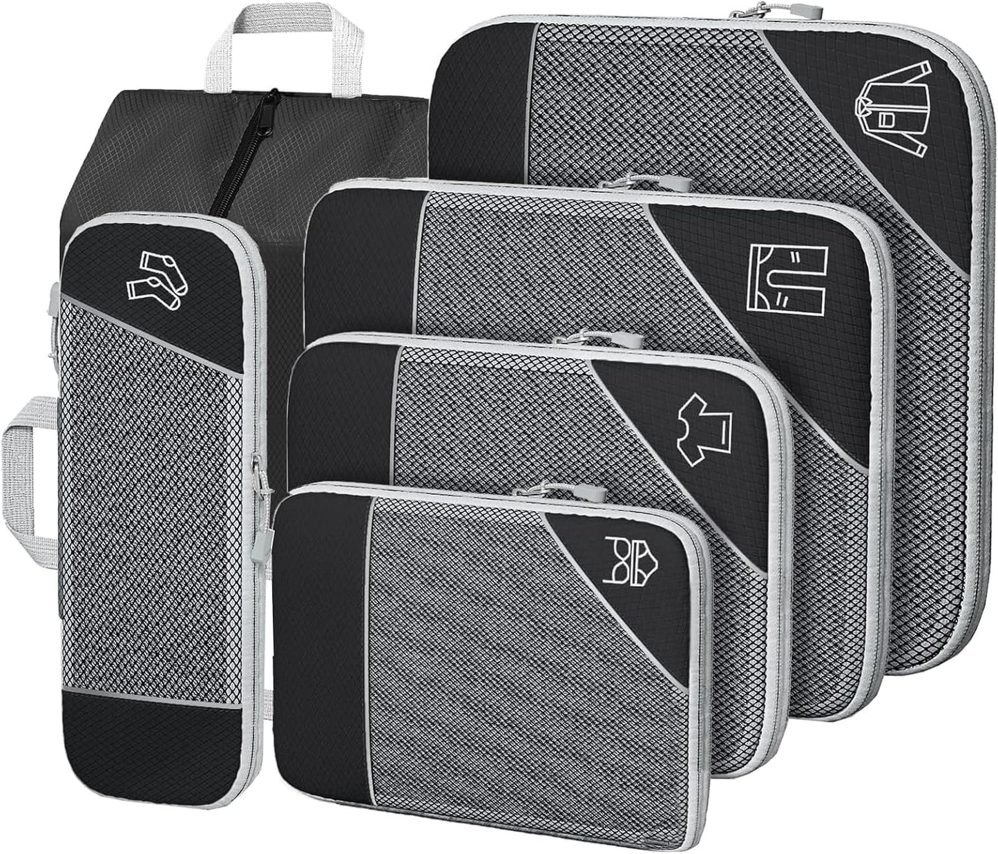 SINZUX 6 PCS Compression Packing Cubes, Black Extensible Ultralight Packing Cubes for Suitcases, Suitcase Organiser Bags Set, Travel Cubes Organiser Bags Packing Cubes for Suitcases Backpack Luggage