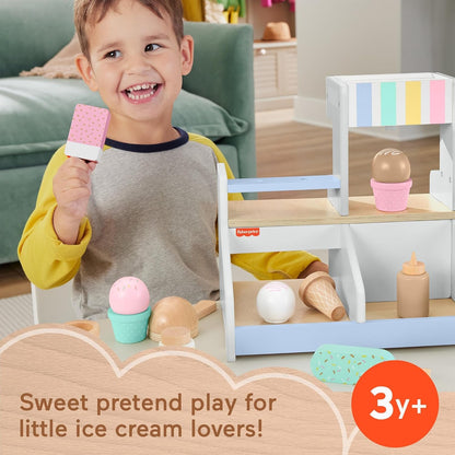 Fisher-Price Wood Pretend Play Toy Ice Cream Shop Set, 18-Piece Wooden Food Playset for Preschool Kids Ages 3+ Years