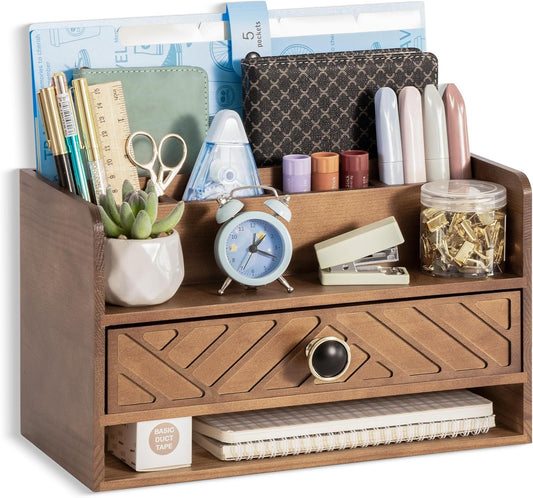 dreampossible Brown Wood Desk Organizer and Accessories with Drawer, Bill Mail Organizer and File Mail Holder for Office Supplies, Desk Accessories & Workspace Organizers