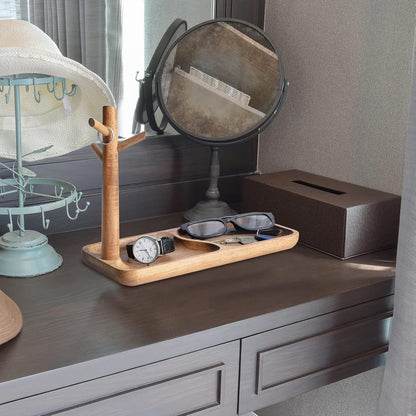 Acacia Wood Key Tray for Entryway Table - Jewelry, Ring, Phone, Bracelet & Watch Organizer with 3 Hanging Stands - Modern Catchall Tray for Home Organization