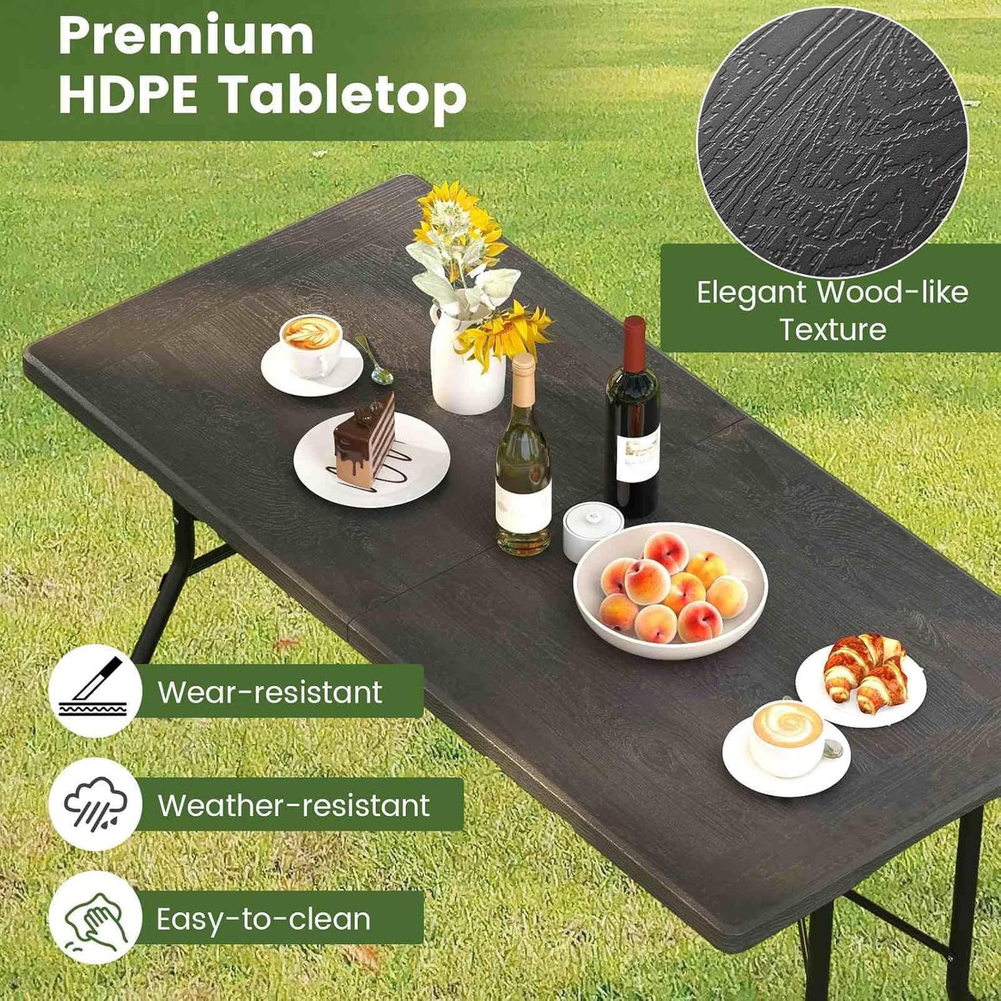 Costway 1.5m Folding Picnic Table, Outdoor Dining Table w/Wood Grain HDPE Tabletop, Sturdy Metal Fame, Non-Slip Foot Pads, 4-6 Person Camping Table for Patio Garden Deck Yard