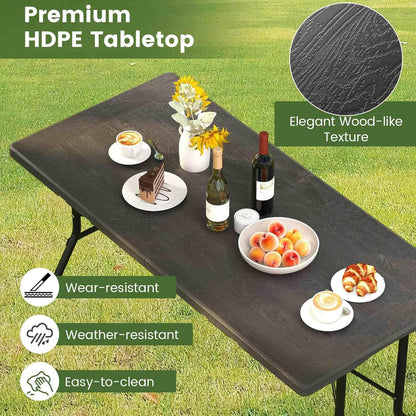 Costway 1.5m Folding Picnic Table, Outdoor Dining Table w/Wood Grain HDPE Tabletop, Sturdy Metal Fame, Non-Slip Foot Pads, 4-6 Person Camping Table for Patio Garden Deck Yard