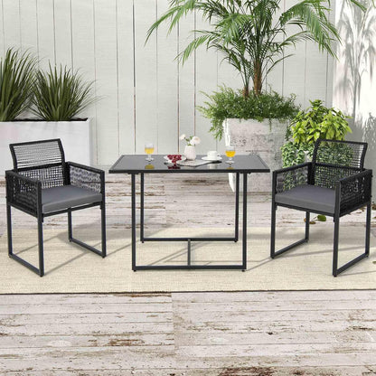 Costway 3 Pieces Outdoor Dining Set, Patio PE Rattan Furniture Set w/Folding Backrest, Cozy Seat Cushions, Tempered Glass Tabletop, Space-Saving Rattan Chair Table Set for Backyard, Poolside