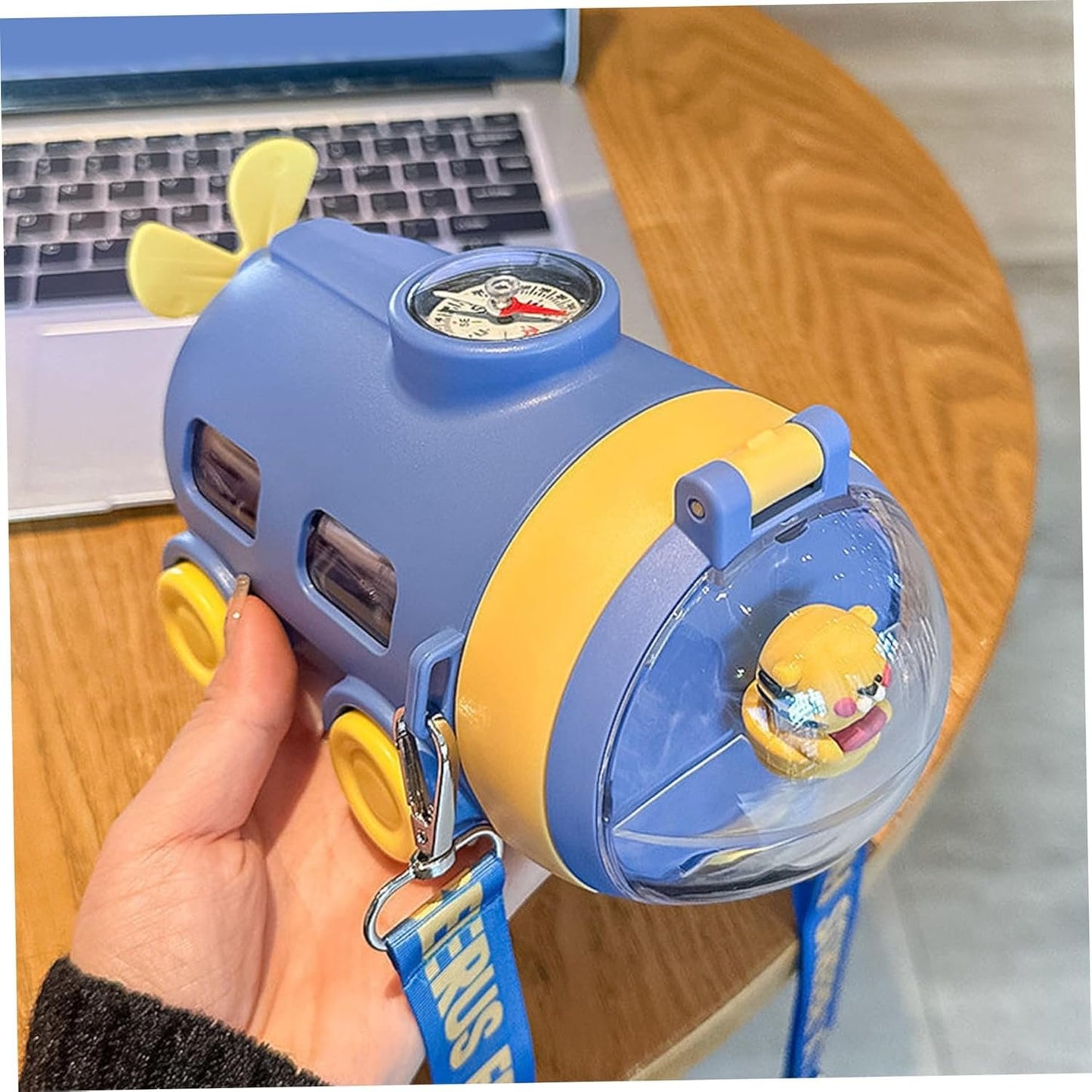 Bus Water Bottle for Kids with Silicone Straw & Seal 550ml Kids Water Bottle with Cute Tiger Driver, Compass & Adjustable Strap Portable Drinkware for School, Travel, Blue, Bus for