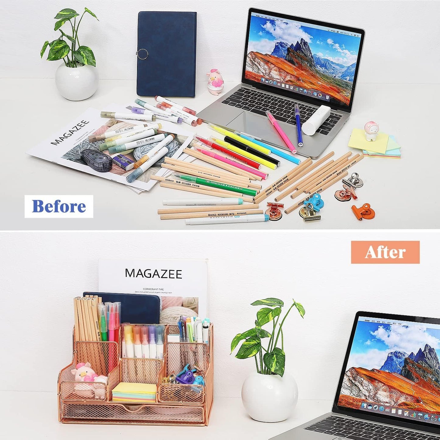 MoKo Desk Organizer,Office Organizers for Desk with 7 Compartments,Desk Organizer with Drawers for Notebook, Pens, Pencils Stationary Accessories School Supplies, Rose Gold
