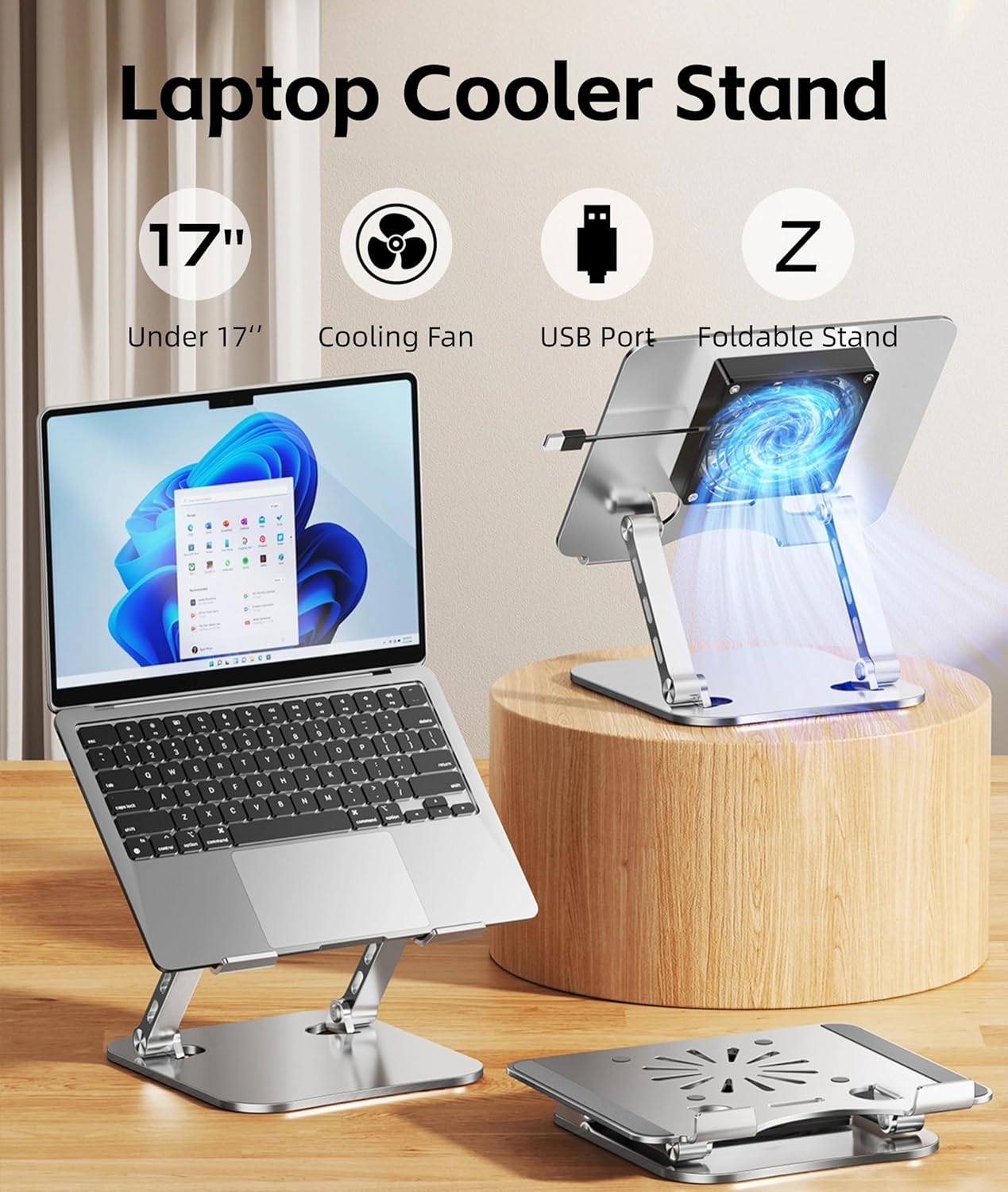 Laptop Cooling Stand, Height Adjustable Laptop Stand for Desk with Cooling Fan, Ergonimic Foldable Laptop Cooling Pad Portable Computer Stand for Laptops Tablets Up to 17in