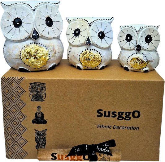 SusggO - Set of 3 Wooden Owls Decoration Hand Carved Lucky Owl Art Furniture Decoration (White Gold Details)