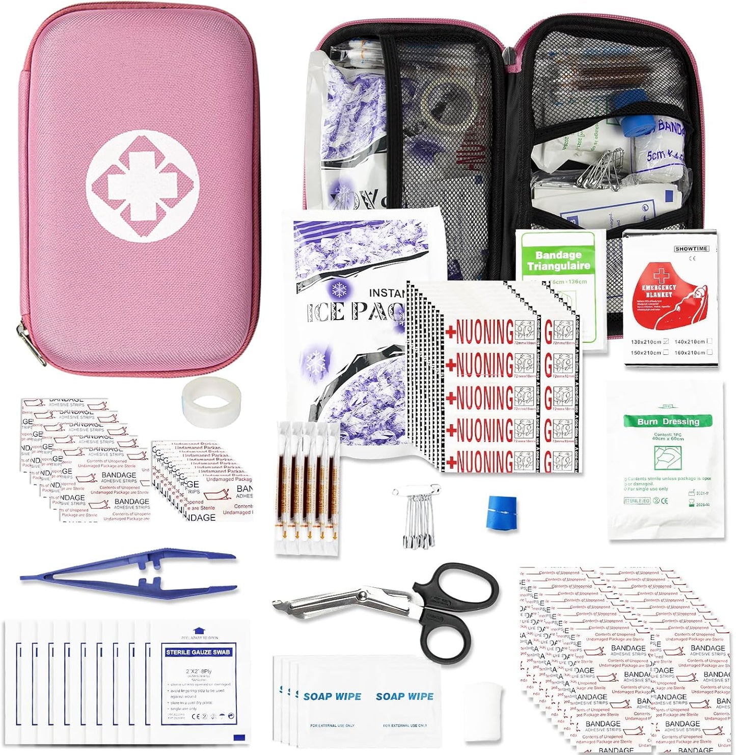 angel wish 276 PCS Emergency First Aid Kit for Home, Camping Essentials Emergencies Survival Gear for Outdoor Adventure First Aid Kits Refill Supplies for Car Hiking Skating Boating, Pink