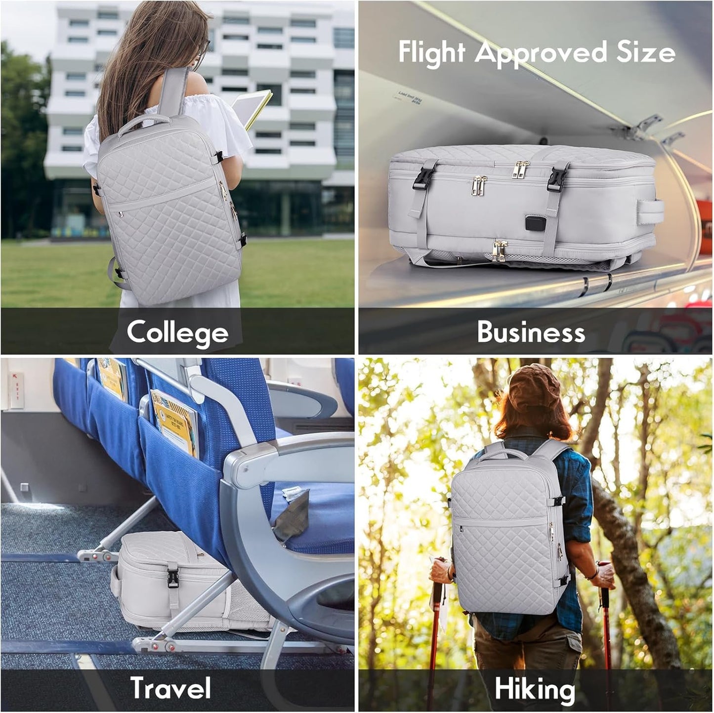 MOMUVO Large Travel Backpack Women, Flight Approved Carry On Backpack, Water Resistant Anti-Theft Large Casual Daypack Fit 17 Inch Laptop with USB Charging Port, Grey