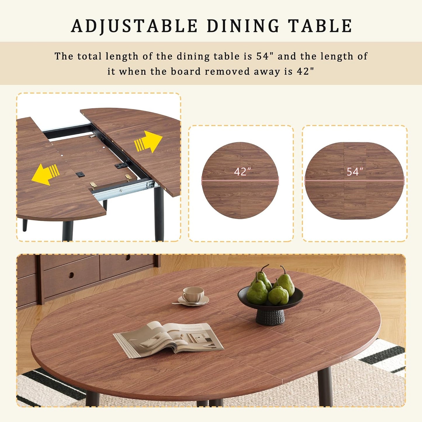 FURNITO 42"-54" Extendable Round Dining Room Table for 4 6 People, Wooden Kitchen Tabletop with Metal Legs, Space Saving Modern Dining Table for Small Space, Easy to Assemble, Walnut