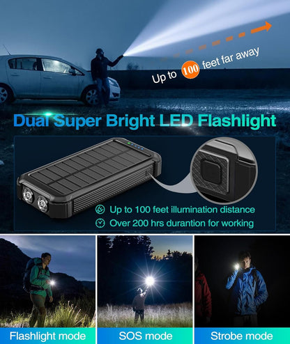 LATIMERIA Solar Charger Power Bank, Portable Phone Charger with USB C in/Output, 5V3.1A QC 3.0 Fast Charging for Cellphone, External Battery Pack Compatible with iPhone Samsung Google etc