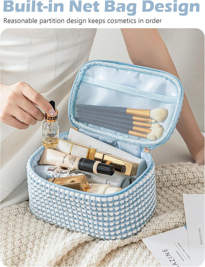 Large Makeup Bag Set, Cute Cosmetic Bag Make up Organizer Case for Women Girls,Wide-Open Pouch Makeup Cosmetic Travel Bag with Handle for Women Purse for Toiletries Accessories Brushes (4 PCS-Blue)